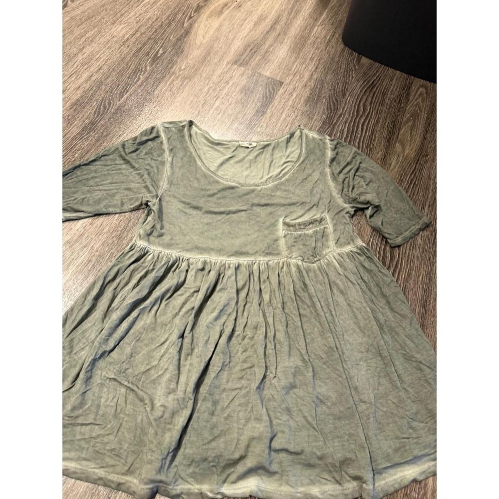 Natural Life Olive Green Mineral Wash Tunic Top Mini Dress Pocket Small Boho